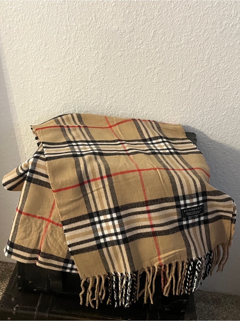 Burberry Beige Black White Plaid Cashmere Scarf